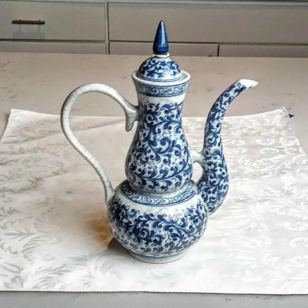 Thai Blue Grey Swirl Print Ewer Lidded Pitcher